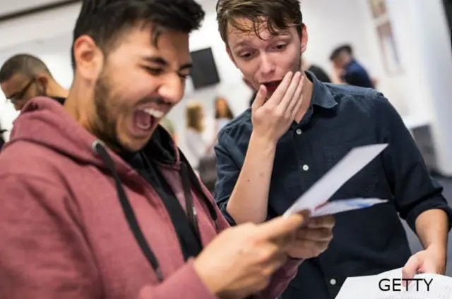 Teenagers getting A level results