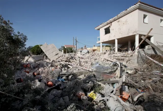 General view of the debris of a house after it collapsed last night due to a gas leak explosion in the village of Alcanar, Catalonia, northeastern Spain, 17 August 2017.