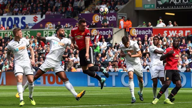 Phil Jones of Manchester United hits the crossbar with a header