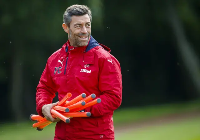 Pedro Caixinha oversees a drill at Rangers training