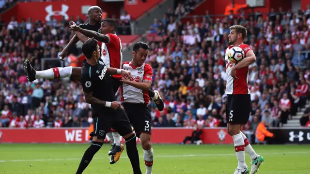 Jack Stephens of Southampton handles the ball in the box