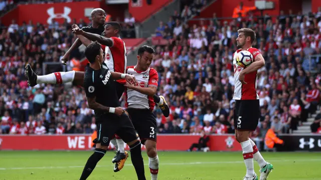 Jack Stephens of Southampton handles the ball in the box