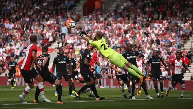 Joe Hart of West Ham United punches clear