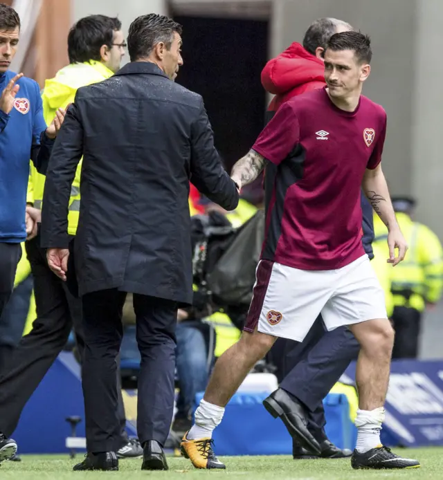 Pedro Caixinha shakes Hearts' Jamie Walker's hand, a target of his, at full-time