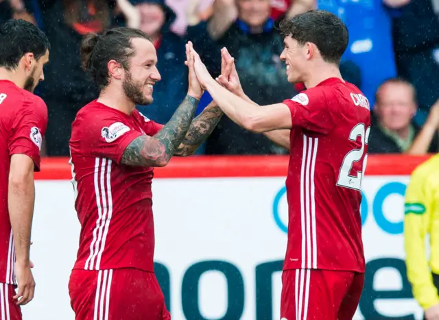 Stevie May celebrates his first goal against Dundee