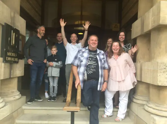 Campaigners cheering on the steps of Grimsby town Hall