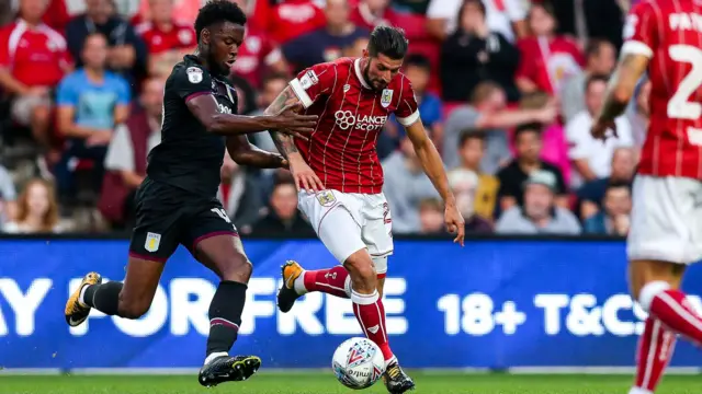 Eros Pisano of Bristol City is challenged by Joshua Onomah of Aston Villa