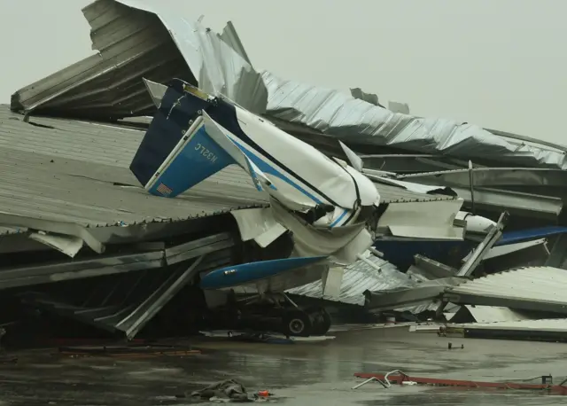 A badly damaged light plane in its hanger at Rockport Airport after heavy damage when Hurricane Harvey hit Rockport, Texas on August 26, 2017