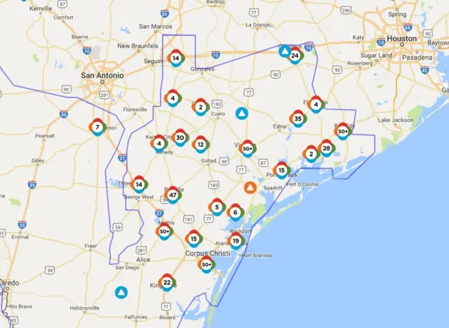 A map of texas showing power outages from the hurricane