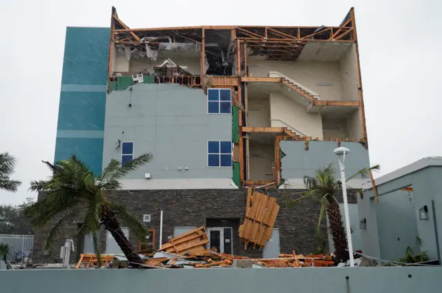 The end wall of the Fairfield Inn is seen partially missing after Hurricane Harvey struck in Rockport, Texas, August 26, 2017