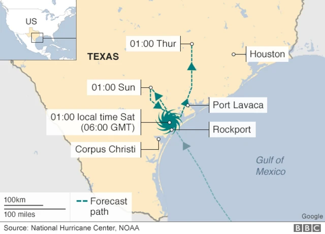 Map showing Hurricane Harvey's route through Texas