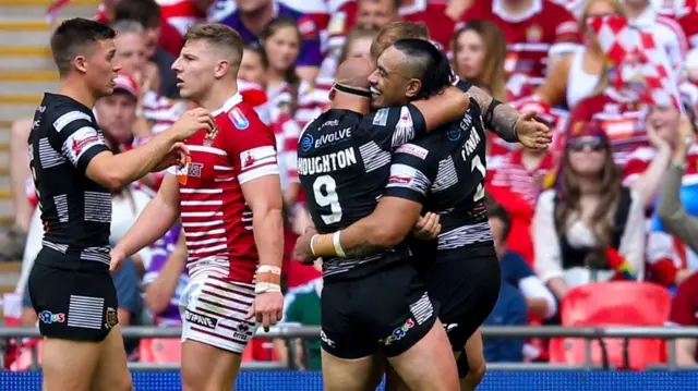 Hull FC celebrate Mahe Fonua's try