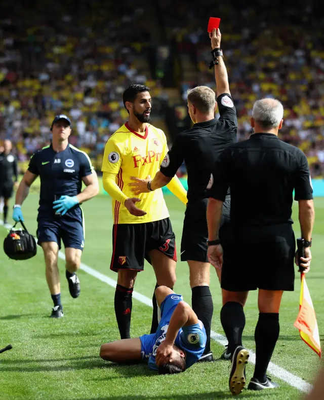 Watford's Miguel Britos is sent off