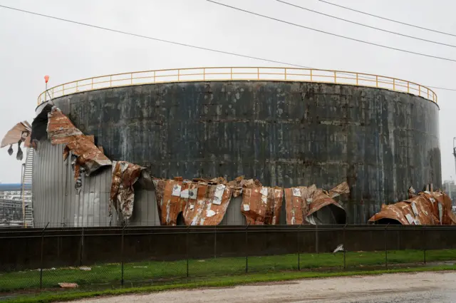 An oil tank damaged by Hurricane Harvey is seen near Seadrift, Texas, August 26, 2017