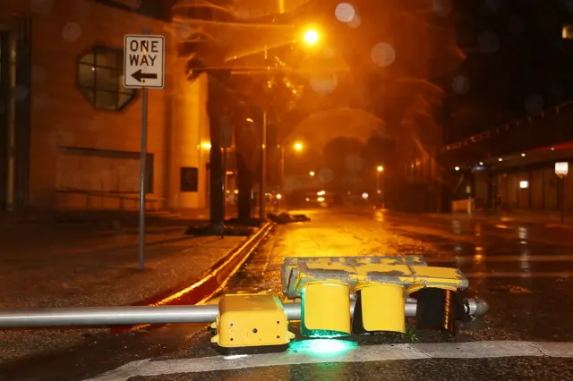 A fallen traffic light from storm damage in Corpus Christi, Texas