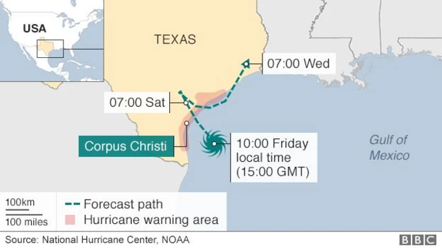 Map showing Hurricane Harvey's projected route