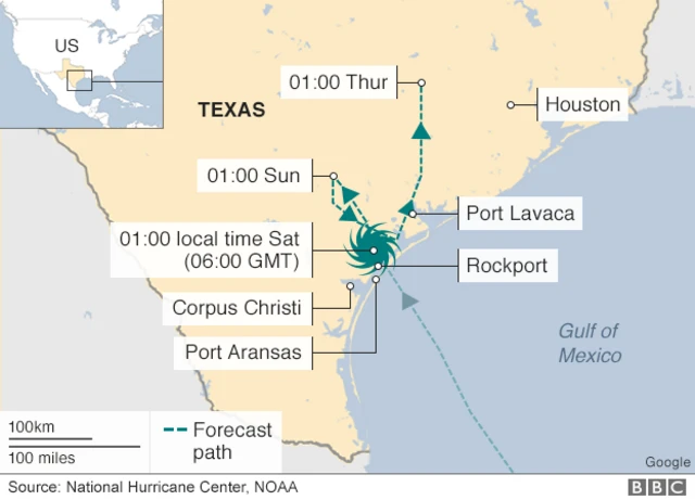 Map showing route of tropical storm Harvey