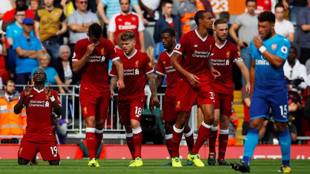 Sadio Mane celebrates scoring Liverpool's second goal