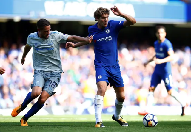 Chelsea's Marcos Alonso in action with Everton's Gylfi Sigurdsson