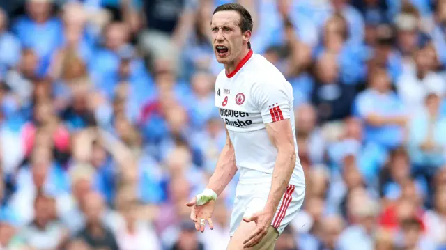 Colm Cavanagh tries to rally his Tyrone colleagues at Croke Park