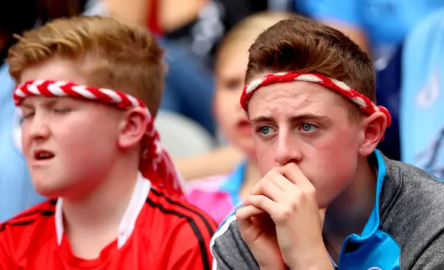 Two young Tyrone fans look concerned at Croke Park