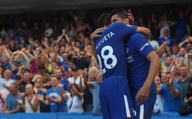 Alvaro Morata celebrates scoring with Cesar Azpilicueta