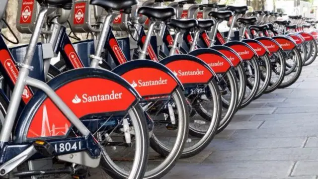 Line of Santander bikes in Milton Keynes.