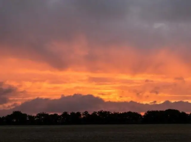 Bright red and orange skies as the sun rises over a field.