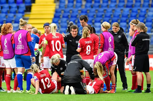 Denmark's head coach Nils Nielsen and players