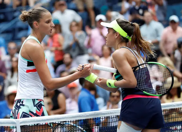 Karolina Pliskova of the Czech Republic shakes hands with Nicole Gibbs of the United States