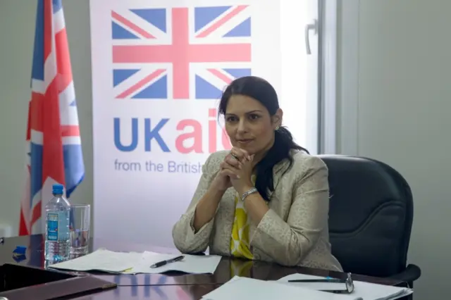 Britain"s International Development Secretary Priti Patel attends a meeting with representatives from humanitarian aid agencies in Mogadishu, Somalia June 17, 2017