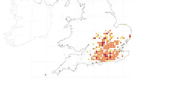 Distribution map of purple emperors 2010-14