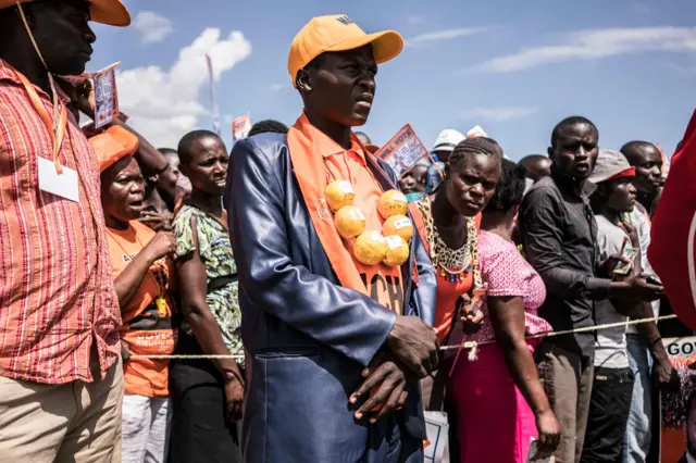 Supporters look on at a rally addressed by Kenyan presidential candidate Raila Odinga held by his coalition party The National Super Alliance (NASA) in Kisumu on August 3, 2017.