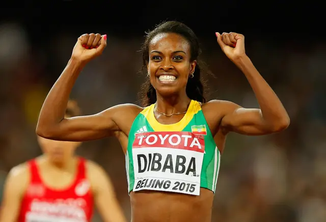 Genzebe Dibaba of Ethiopia celebrates after winning gold in the Women's 1500 metres