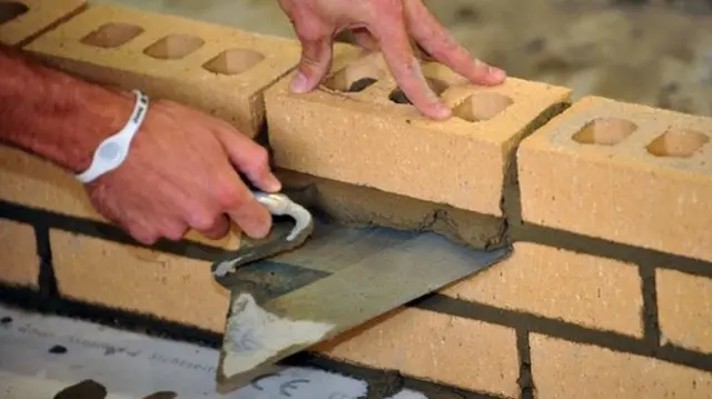 Brick layer building a wall.