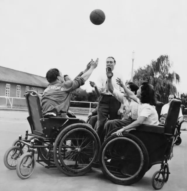 A  game of wheelchair netball between a Dutch team from Aardenburg and the British team was photographed at the Spinal Centre at Stoke Mandeville Hospital, Buckinghamshire.