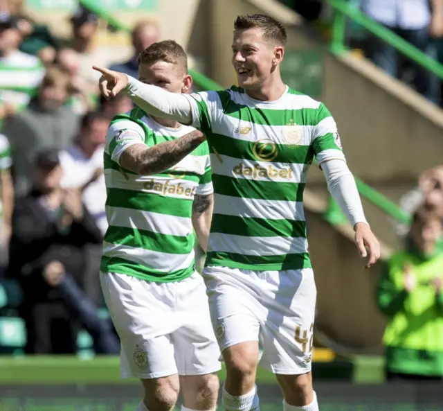 Callum McGregor celebrates scoring for Celtic against Hearts