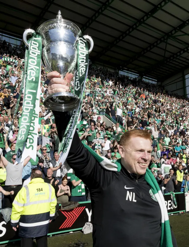 Hibernian head coach Neil Lennon with the Championship trophy