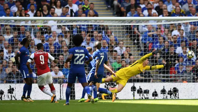 Arsenal's Alexandre Lacazette hits the post