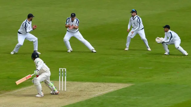 Haseeb Hameed was caught at slip by Jimmy Adams