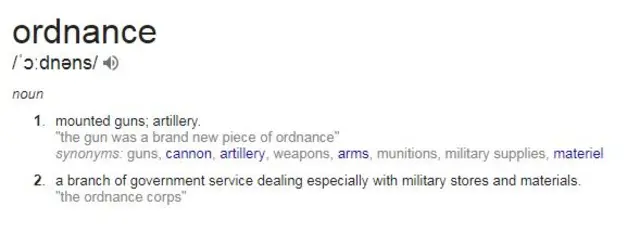 Dictionary definition for 'ordnance'