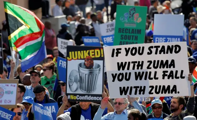 Anti-Zuma protesters march ahead of the vote of no confidence against President Jacob Zuma in Cape Town, South Africa, August 8, 2017.