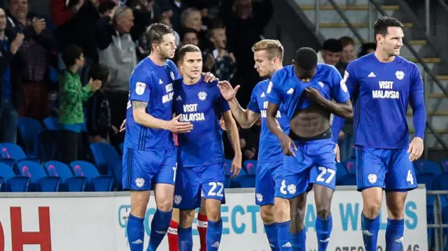 Cardiff celebrate their second goal