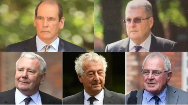 (Clockwise from top left) Sir Norman Bettison, Graham Mackrell, Donald Denton, Alan Foster and Peter Metcalf appeared at Warrington Magistrates' Court