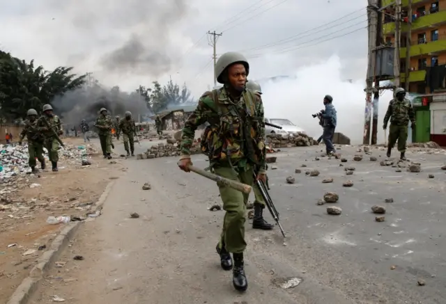 Anti riot policemen deploy to disperse protesters in Mathare, in Nairobi, Kenya August 9, 2017.