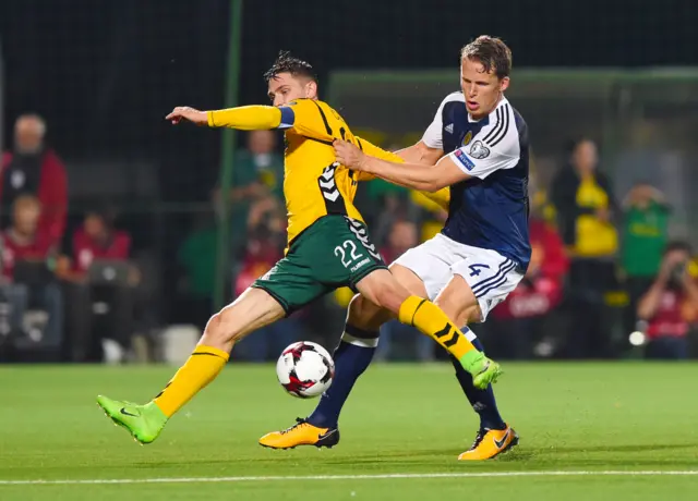 Christophe Berra (right) tussles for possession with Lithuania's Fiodor Cernych