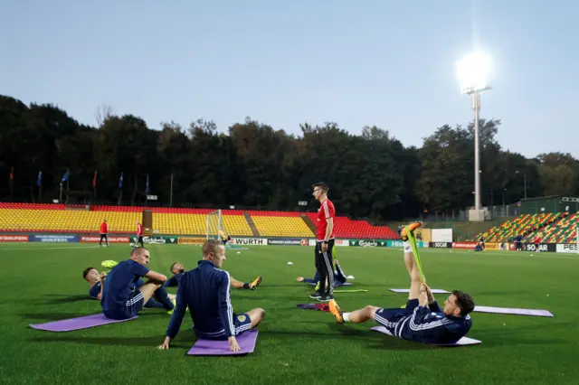 Scotland players stretching ahead of tonight's match