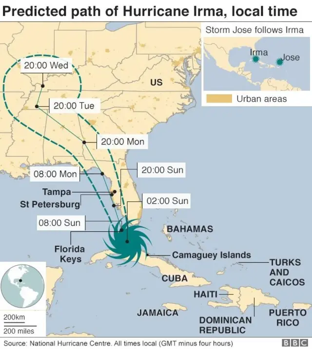 A map showing where Irma has been and where she is predicted to go