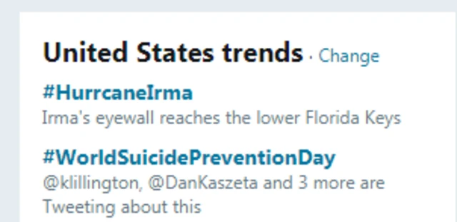 A screenshot shows the United States Twitter trends with the misspelled hashtag #HurrcaneIrma, which is missing the letter "i" in "hurricane"