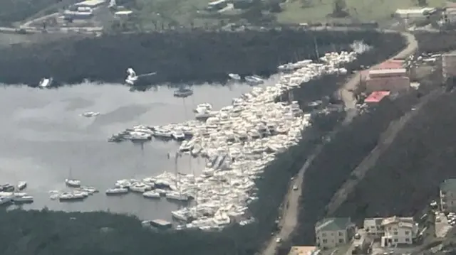 Boats piled up against Tortola's shore by Hurricane Irma in the British Virgin Islands.